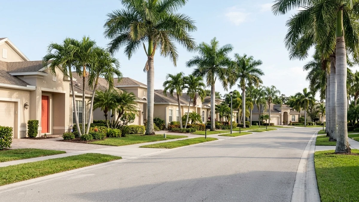 A quiet Florida residential street lined with palm trees, representing comparing Treasure Coast communities before a move.