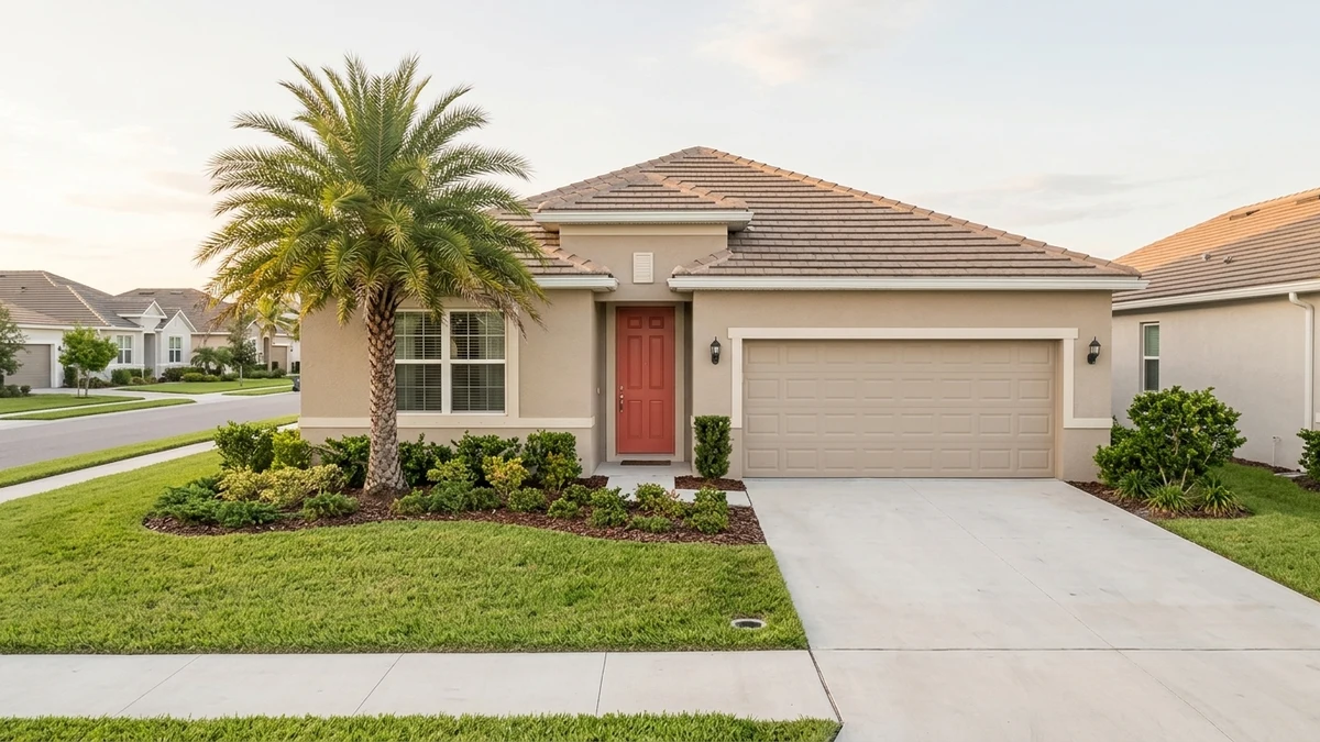 A modest, well-kept single-family starter home exterior in Florida with a palm tree in the front yard, representing a first-time purchase.