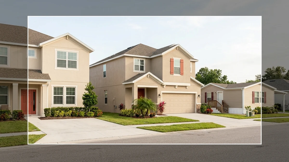 A two-story townhome next to a detached single-family home on the same Florida street, representing comparing property types for a first purchase.