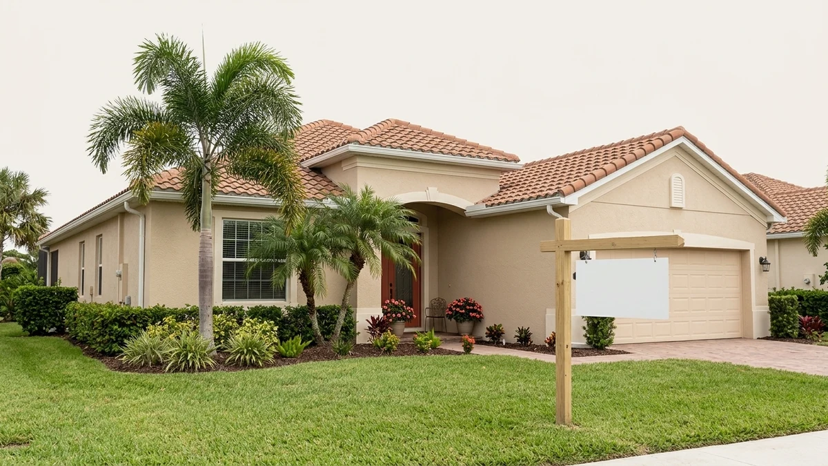 A well-maintained single-story Florida home exterior with a simple for sale sign, representing selling a home from another state.