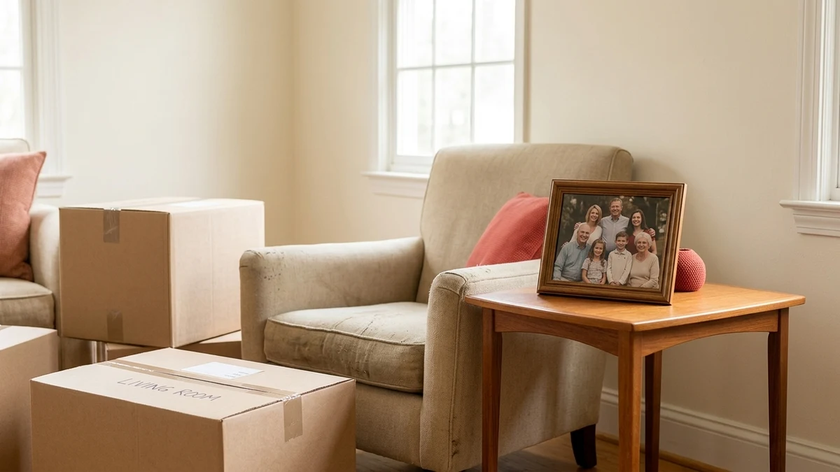 A quiet, softly lit living room with a couple of neatly packed moving boxes and a framed photo on a side table, representing preparing an inherited home for sale.