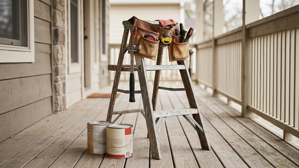 A ladder with a tool belt hanging from it next to two closed paint cans on a porch, representing coordinating repairs for a remote home sale.